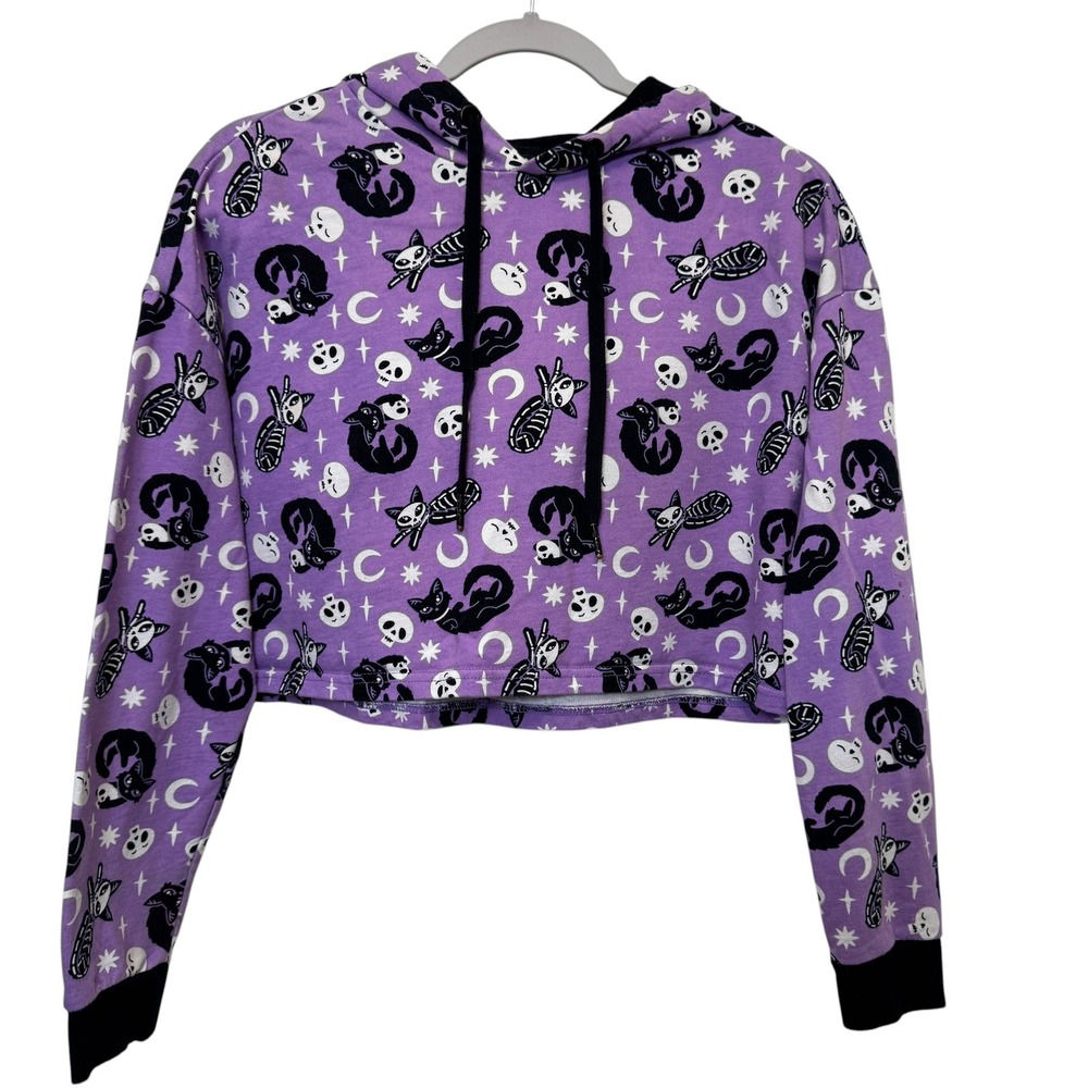 Killstar Purr Off Cropped Hoodie S Purple Plum Cat Skull Celestial Goth Spooky